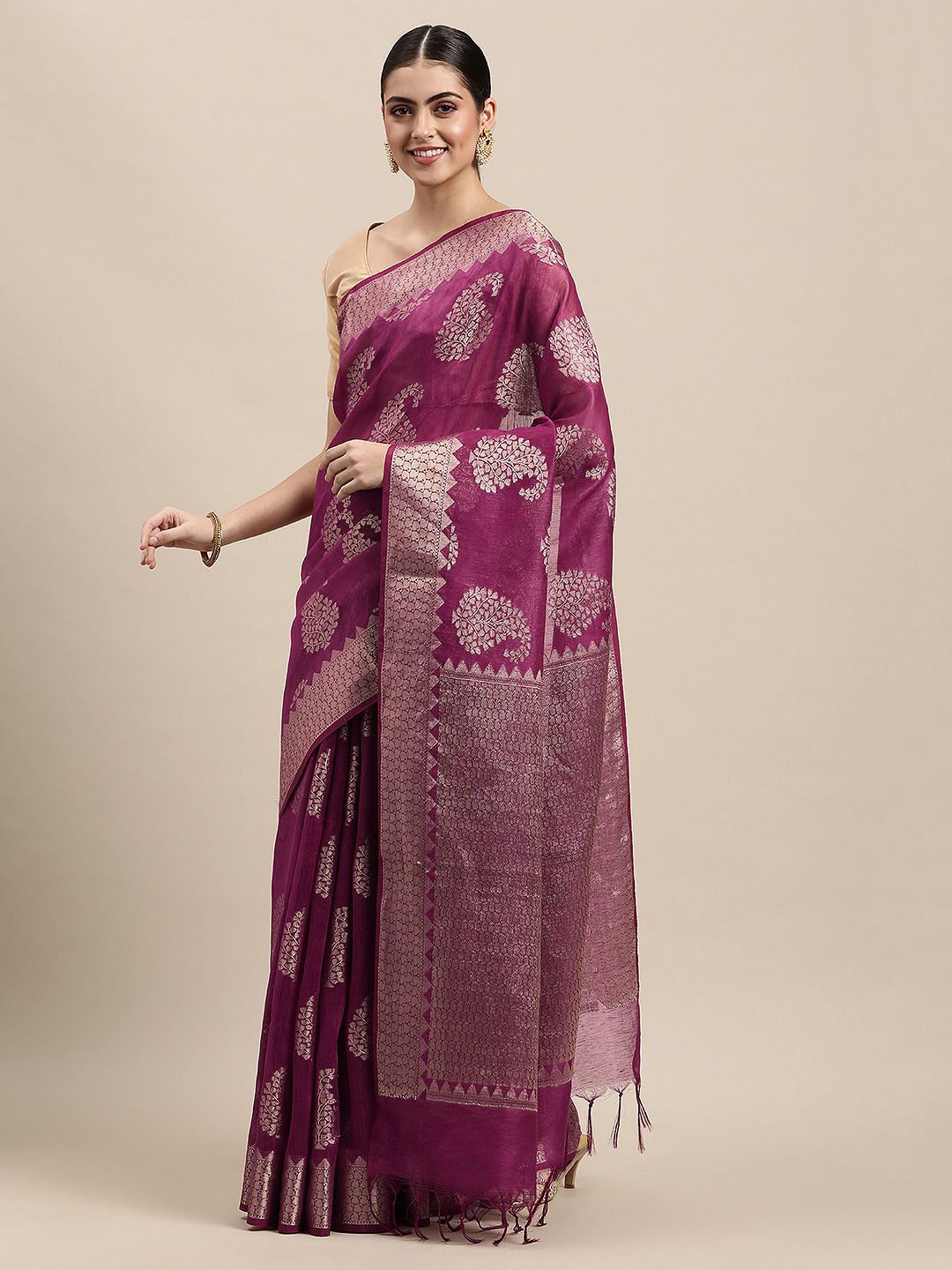 swatika Purple & Golden Paisley Zari Pure Linen Banarasi Saree Price in India