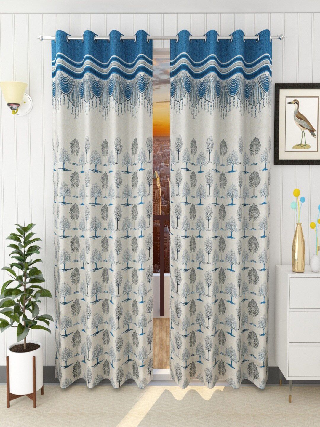 Homefab India Turquoise Blue & White Set of 2 Floral Room Darkening Door Curtain Price in India
