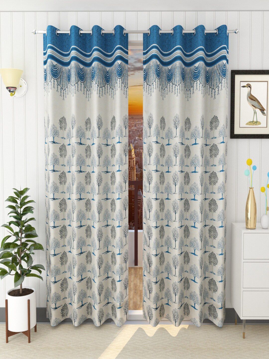 Homefab India Turquoise Blue & Grey Set Of 2 Floral Room Darkening Long Door Curtain Price in India