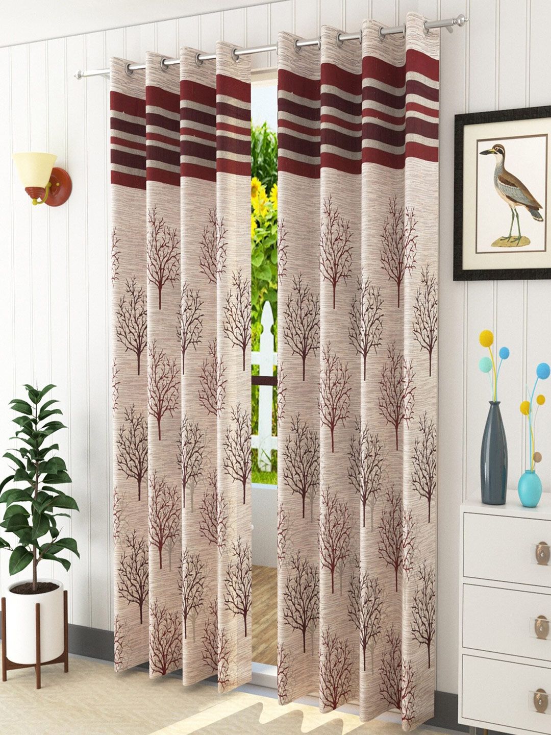 Homefab India Maroon & Beige Set of 2 Floral Room Darkening Long Door Curtain Price in India