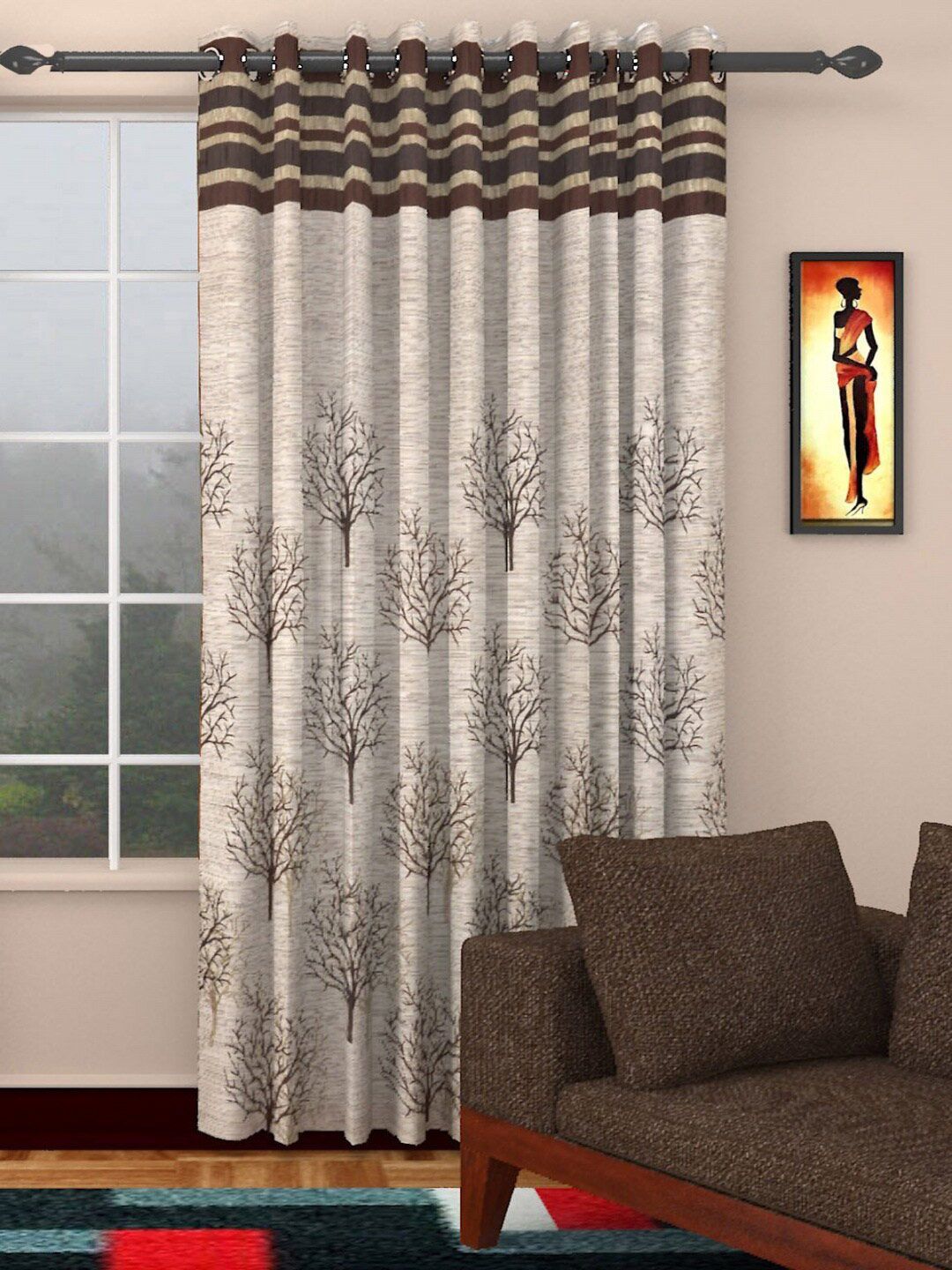 Homefab India Brown & Off White Set of 2 Floral Room Darkening Long Door Curtain Price in India