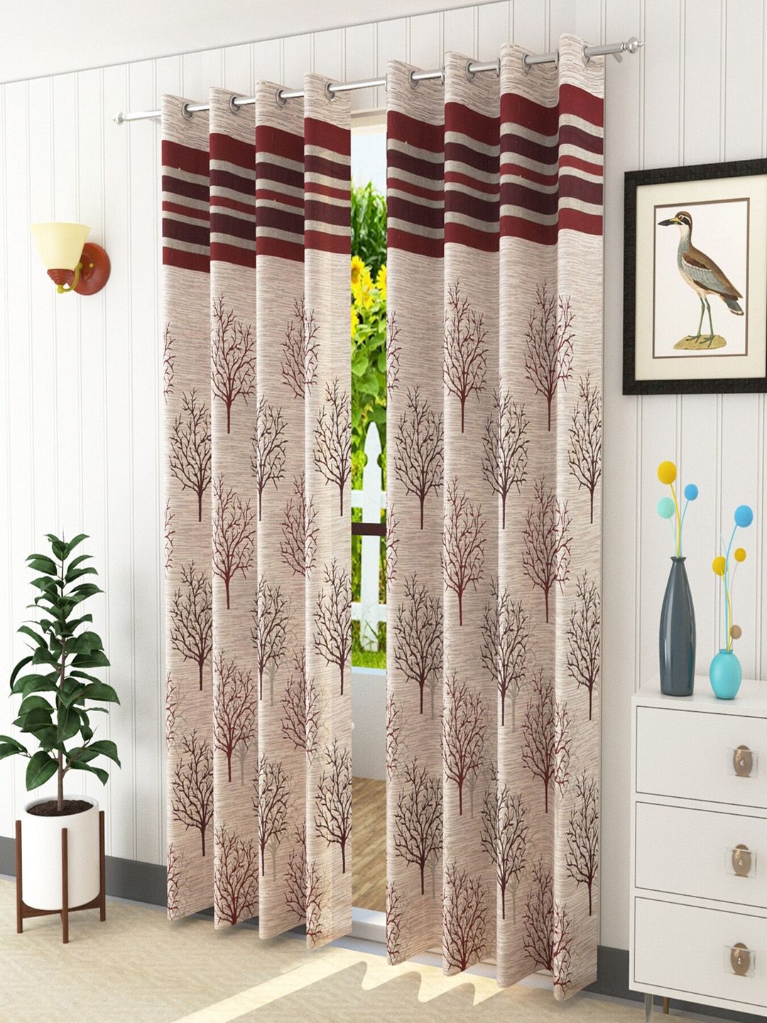 Homefab India Maroon Set of 2 Floral Room Darkening Door Curtain Price in India