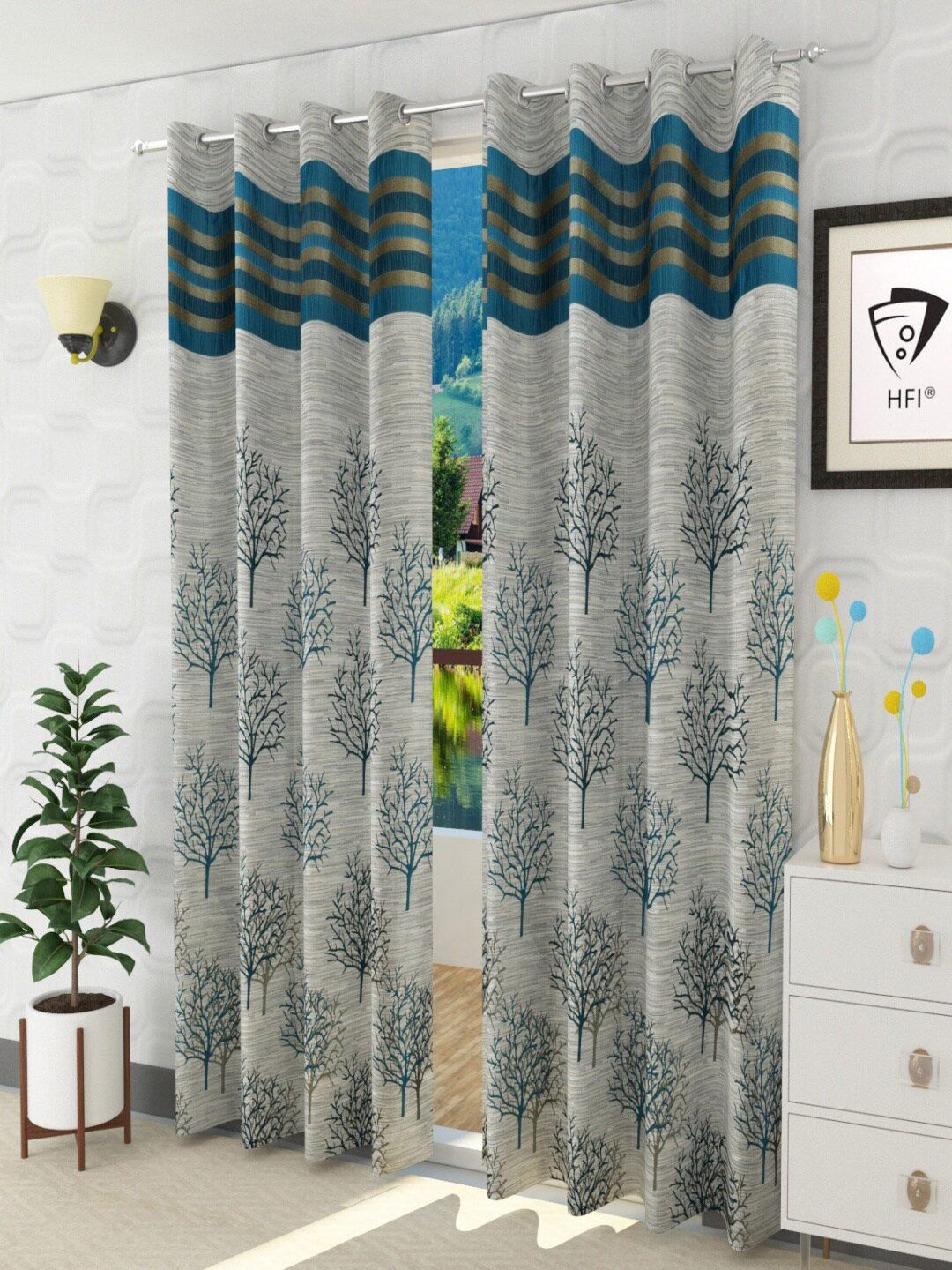 Homefab India Turquoise Blue & Grey Set of 2 Floral Room Darkening Long Door Curtain Price in India