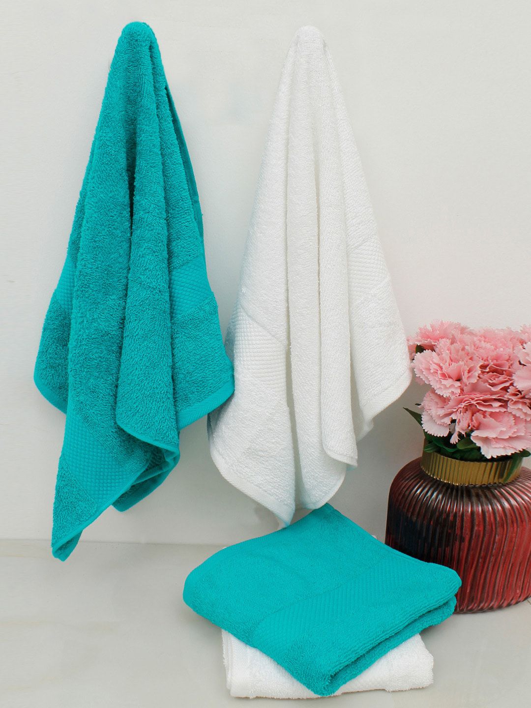 AVI Living Set Of 2 White & Turquoise Blue Solid Pure Cotton 500 GSM Hand Towels Price in India