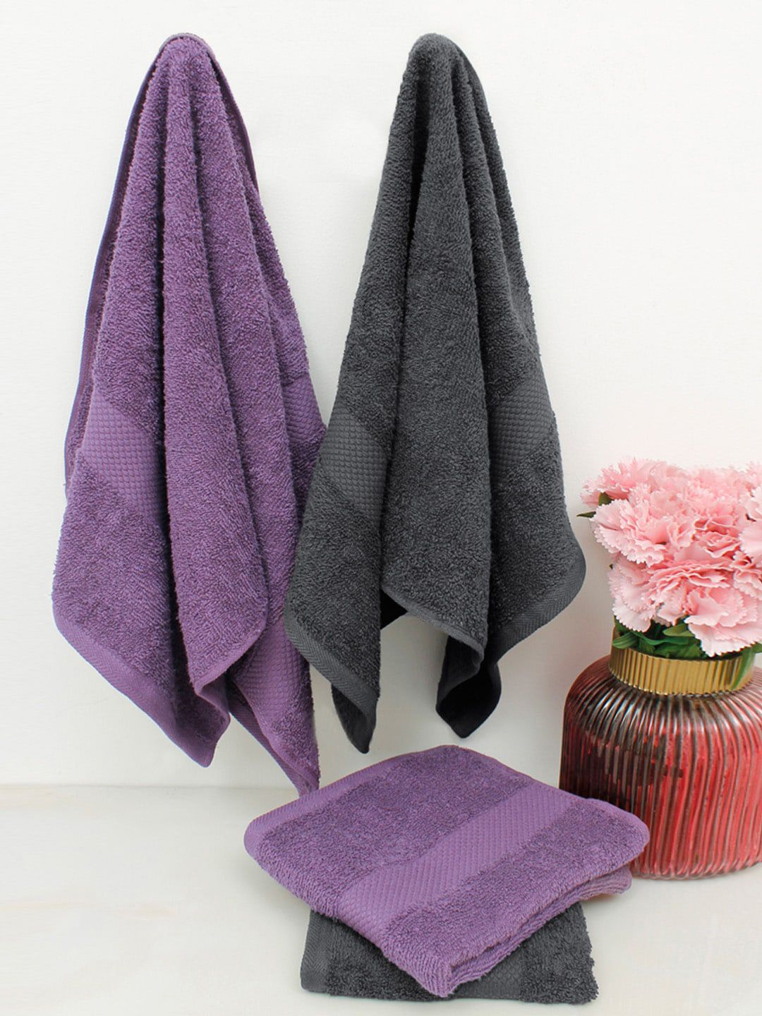 AVI Living Set Of 2 Black & Purple Solid Pure Cotton 500 GSM Hand Towels Price in India