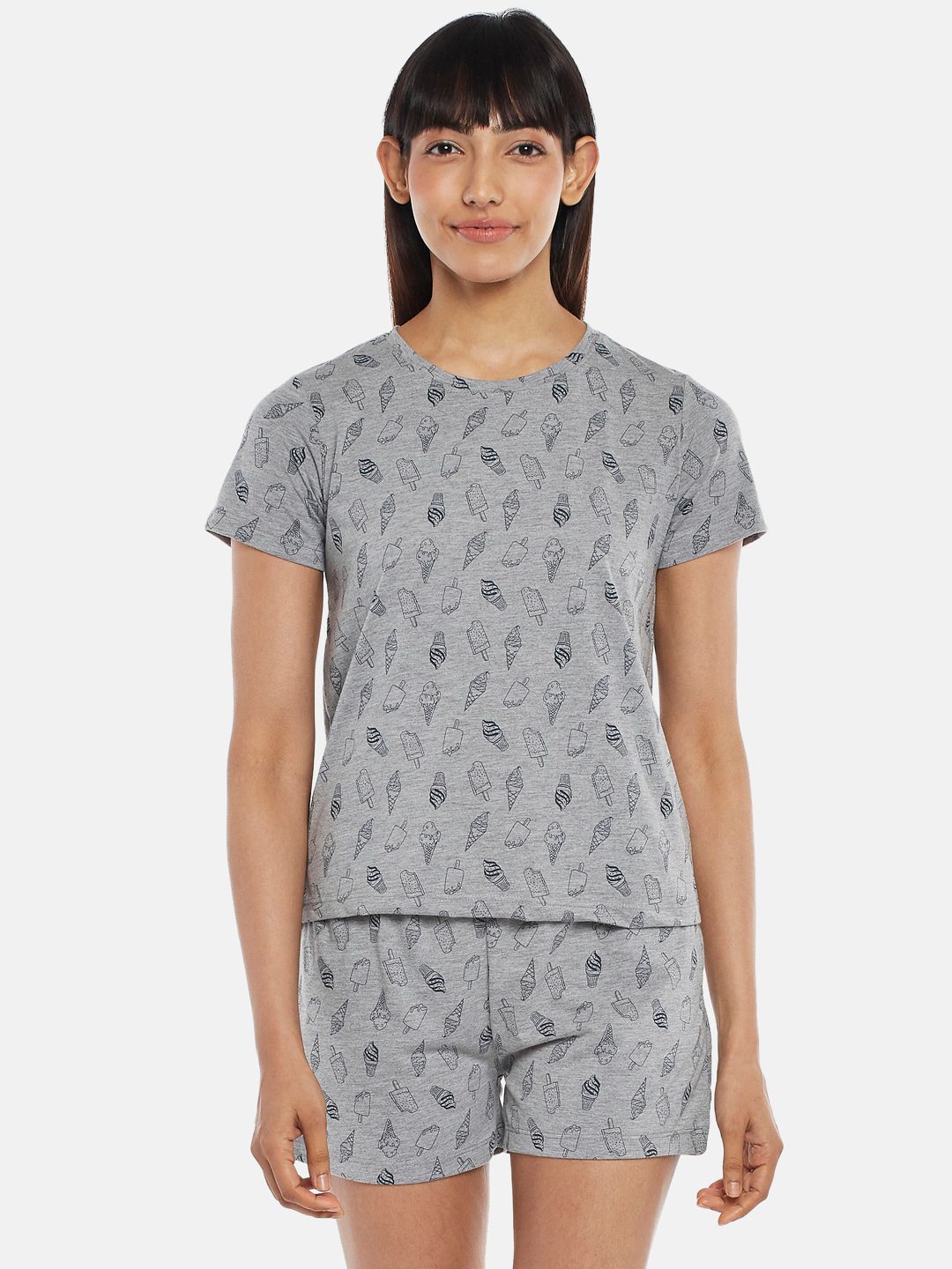 Dreamz by Pantaloons Women Grey Melange Printed Night suit Price in India