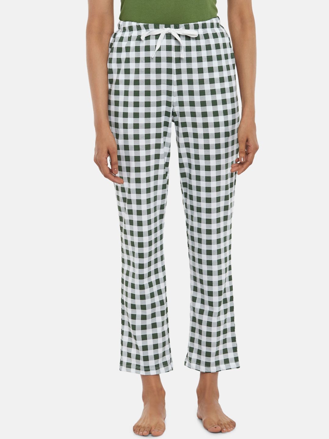 Dreamz by Pantaloons Women Olive Green & White Checked Cotton Lounge Pants Price in India