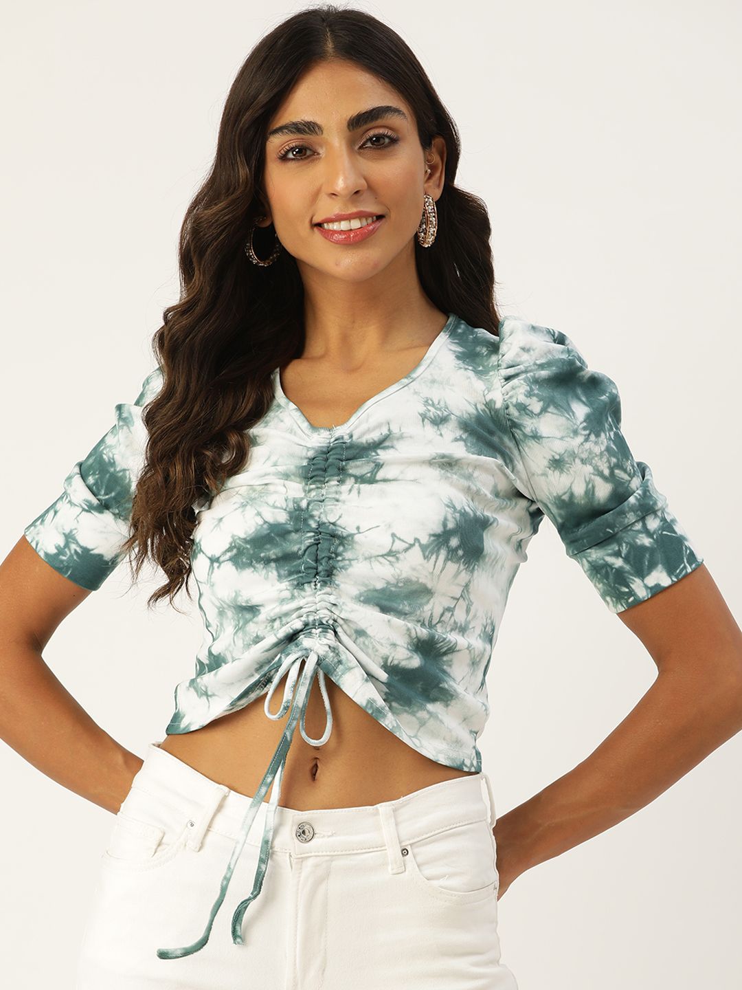 BROOWL White & Green Tie and Dye Crop Top