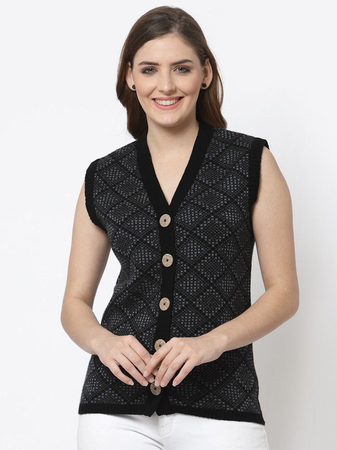 Kalt Women Grey & Black Cable Knit Sleeveless Printed Cardigan Price in India