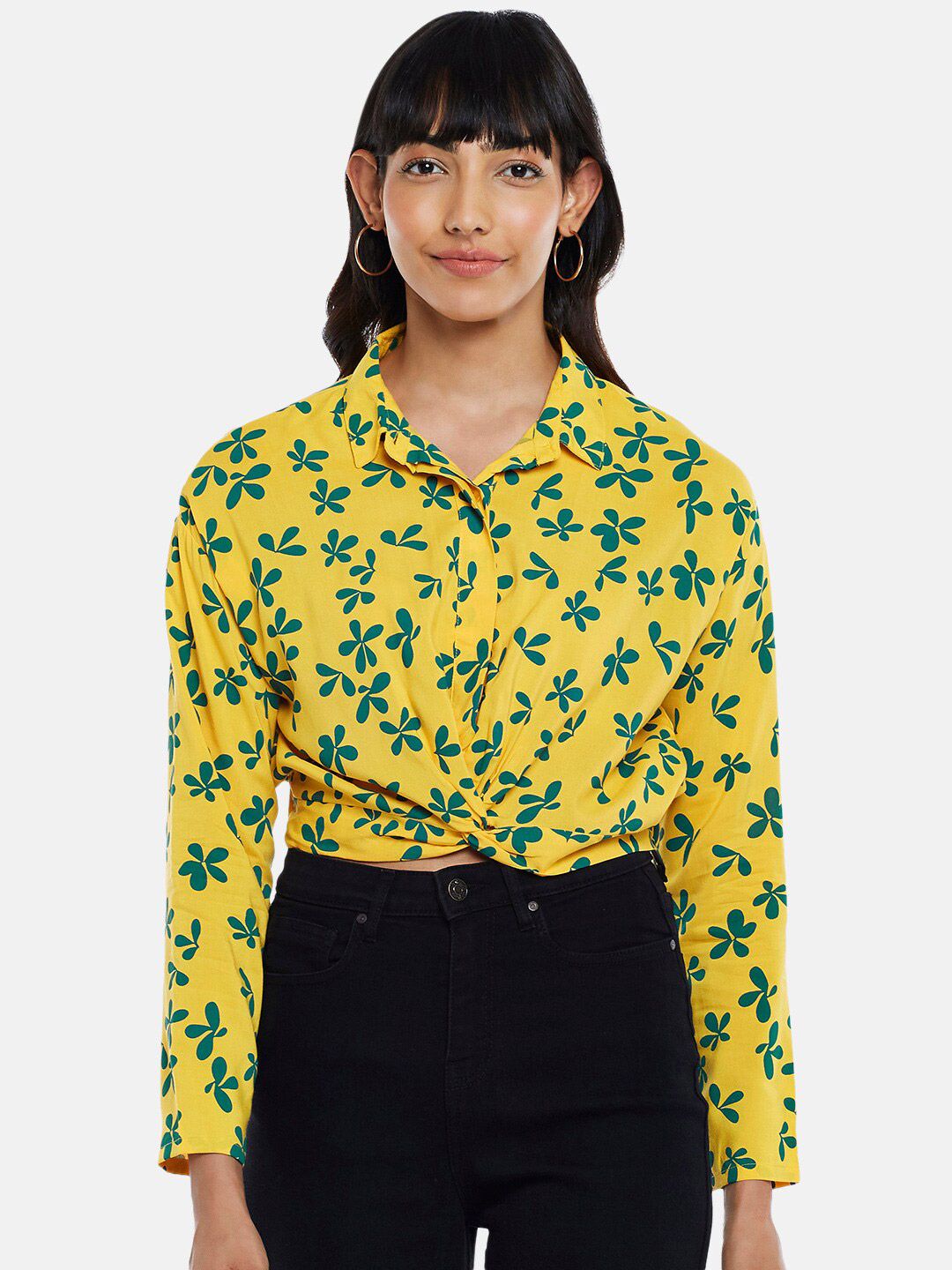 People Mustard Yellow Floral Print Twisted Crop Top Price in India