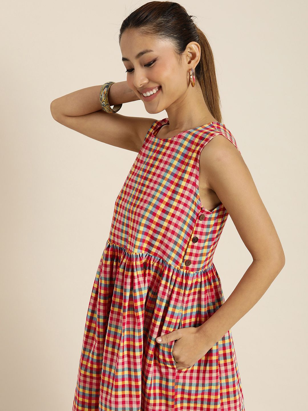 Taavi Handloom Pure Cotton Checked A-Line Midi Dress Price in India