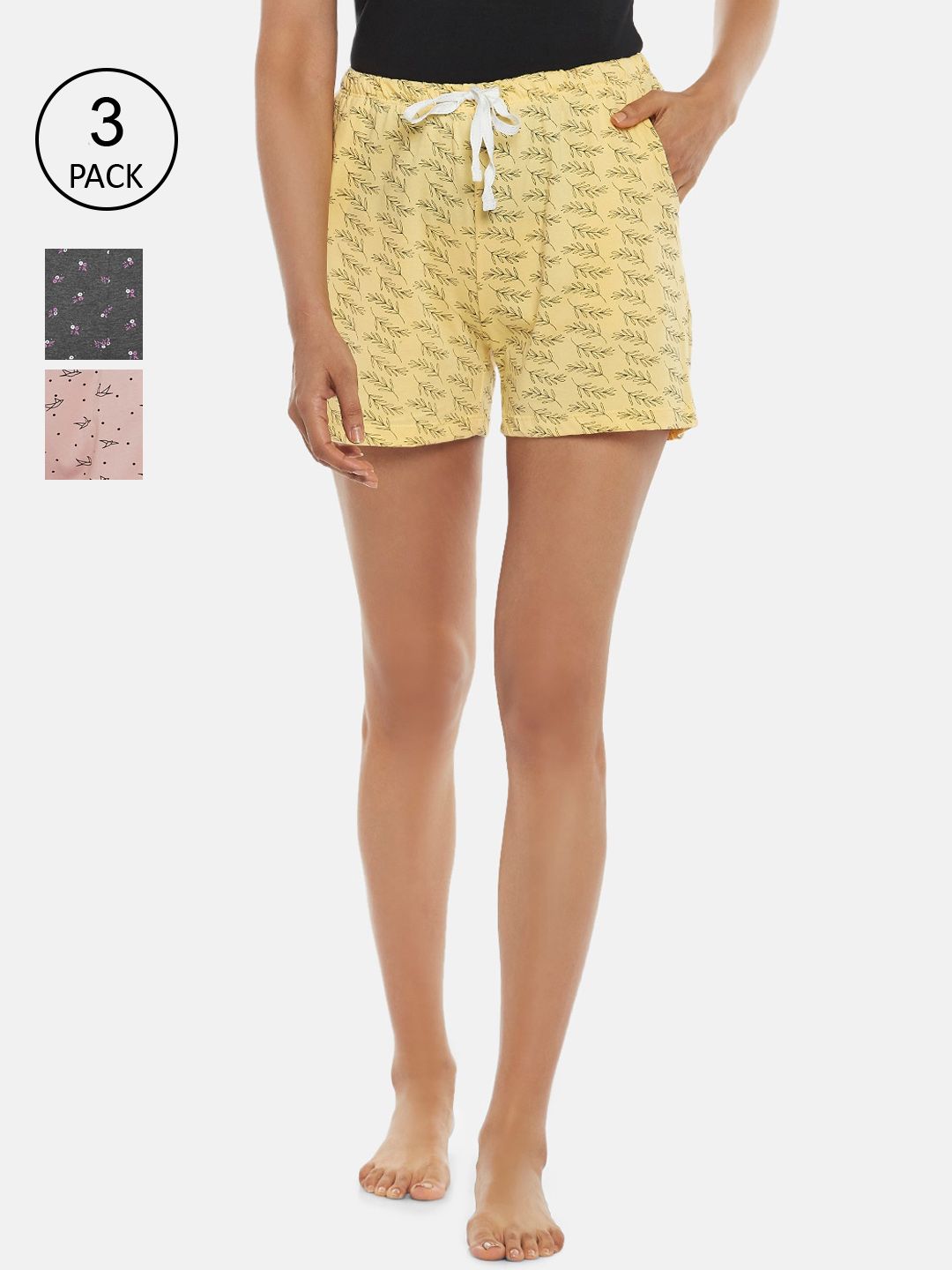 Dreamz by Pantaloons Pack Of 3 Women Yellow Conversational Printed Lounge shorts Price in India