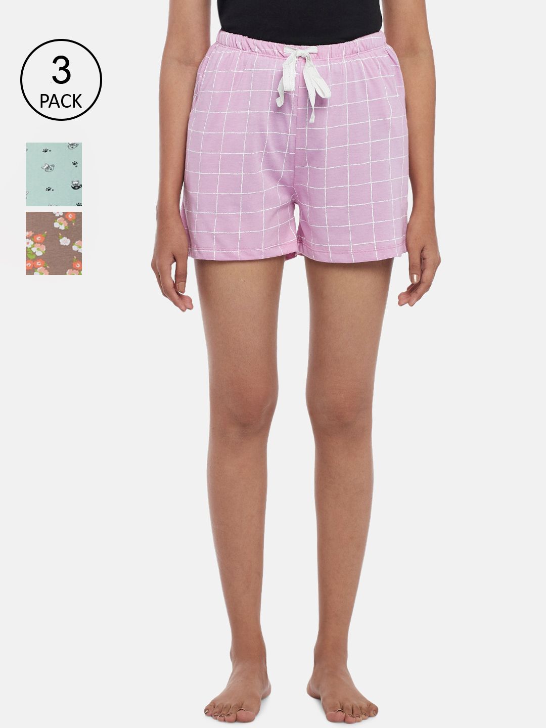 Dreamz by Pantaloons Women Pink Checked Lounge shorts PACK OF 3 Price in India