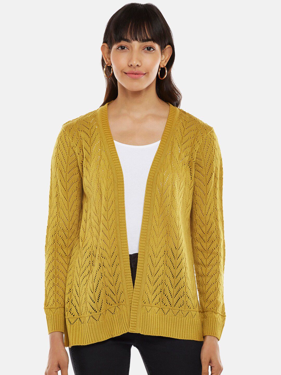 Honey by Pantaloons Women Mustard Knitted Cardigan with Embroidered Detail Price in India