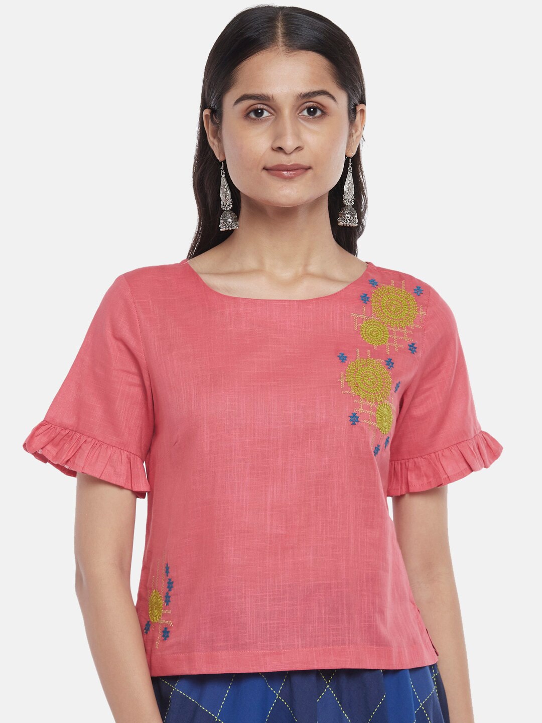 AKKRITI BY PANTALOONS Women Pink & Green Geometric Embroidered Top Price in India