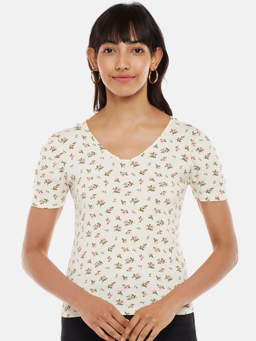 Honey by Pantaloons Women Off White & Green V-Neck Printed Top Price in India