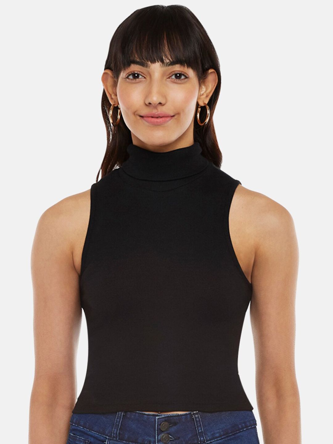 People Black High Neck Sleeveless Cotton Top Price in India