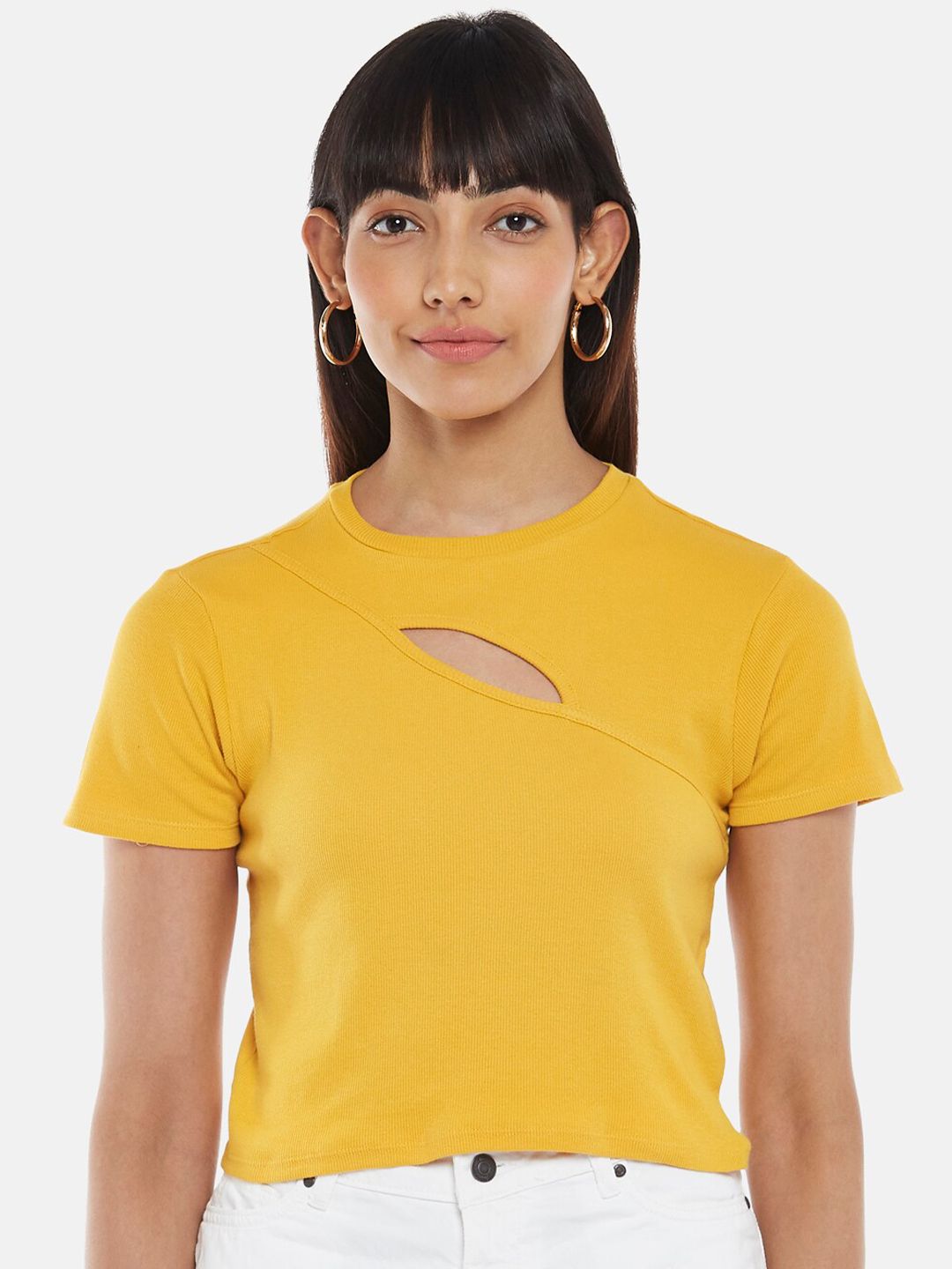 People Mustard Yellow Cut-out Crop Top Price in India