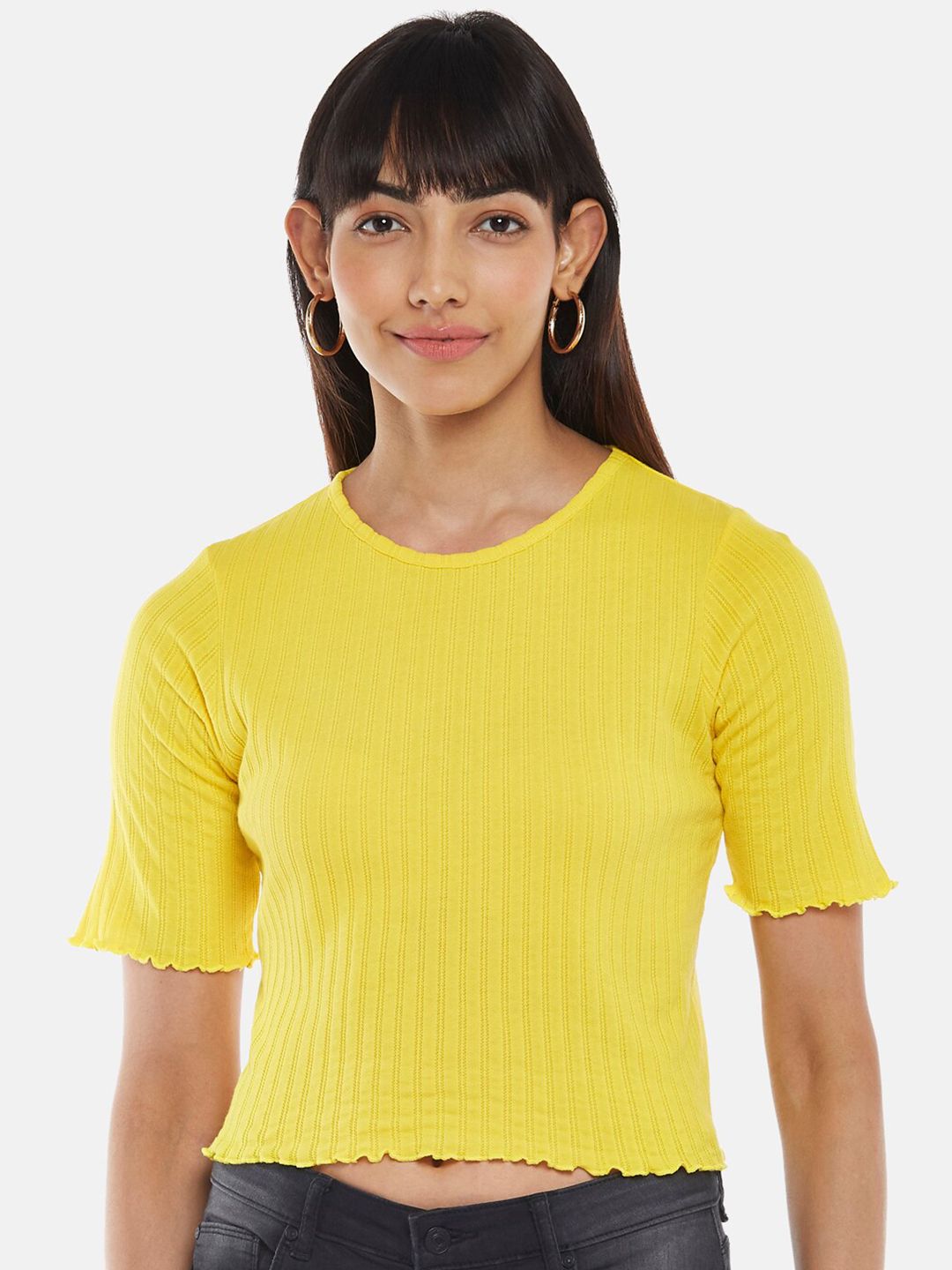 People  womens solid Yellow Crop Top Price in India