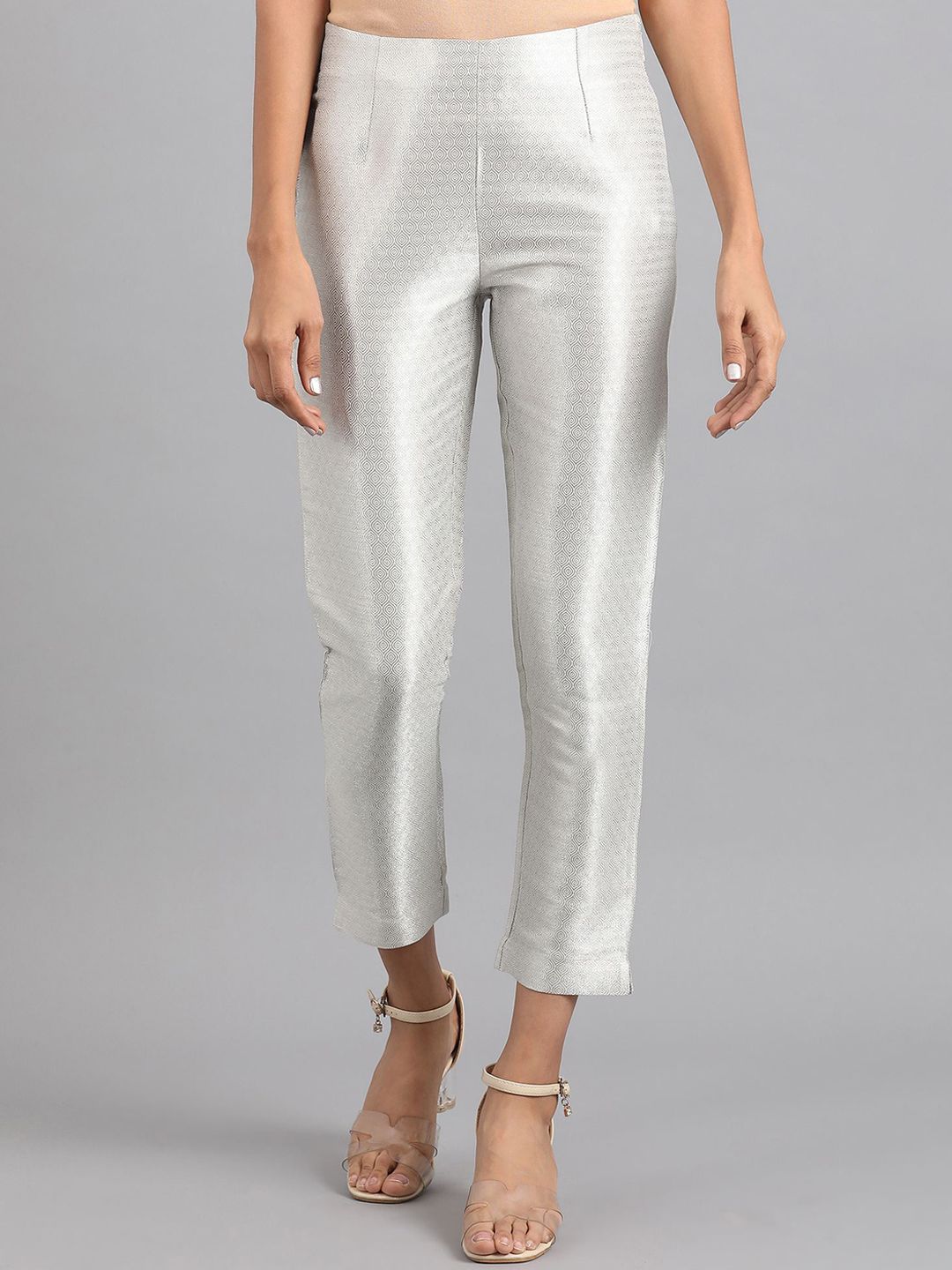W Women Silver-Toned Striped Slim Fit Trousers Price in India
