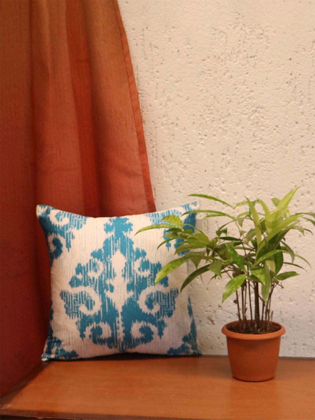 ZEBA Blue & White Ethnic Motifs Polyester Square Cushion Cover Price in India