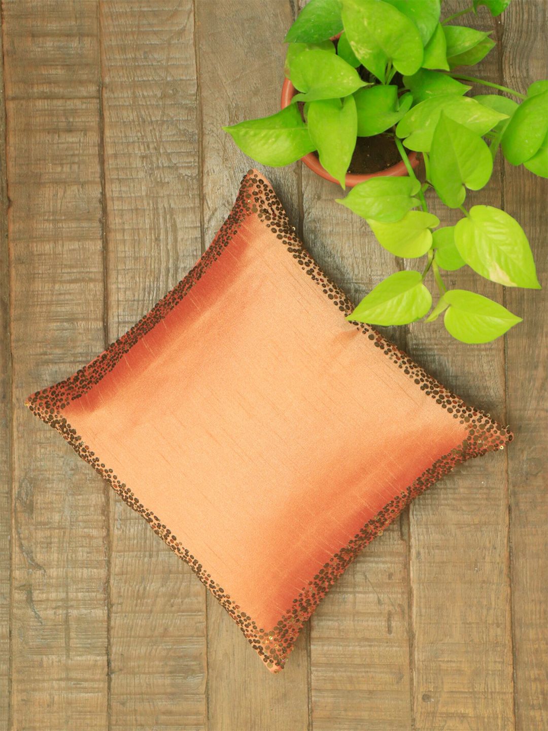 ZEBA Orange Square Cushion Covers 100% Polyester  Sequin Border Light Rust - 12" X 12" Price in India