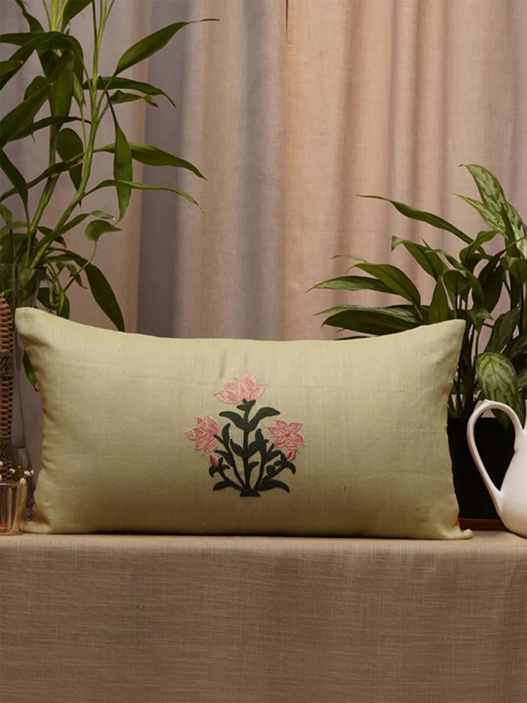 ZEBA Green & Pink Floral Linen Rectangle Cushion Covers Price in India