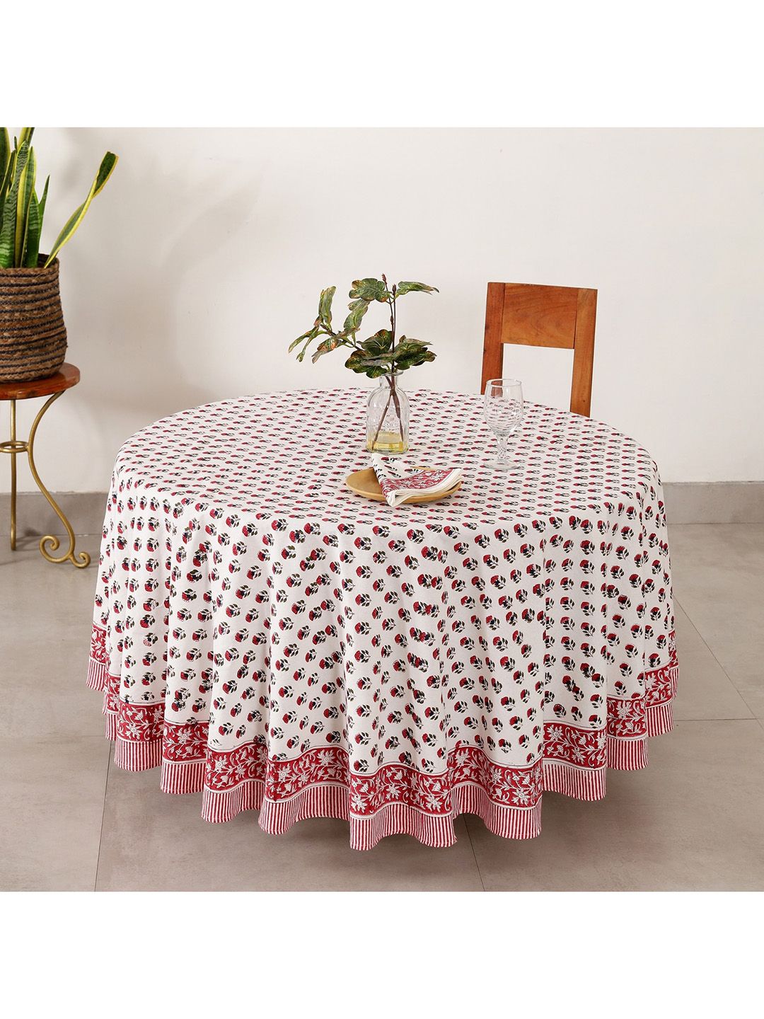 HANDICRAFT PALACE Red & White Floral Printed 4 Seater Round Cotton Dining Table Cover Price in India
