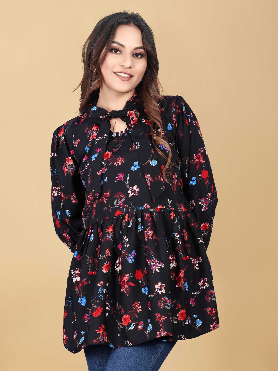 WEAVETECH IMPEX Black & french middle red purple Floral Print Crepe Shirt Style Top Price in India