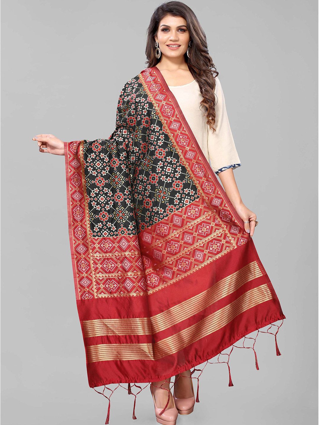 Kasak Black & Red Woven Design Art Silk Bandhani Dupatta Price in India
