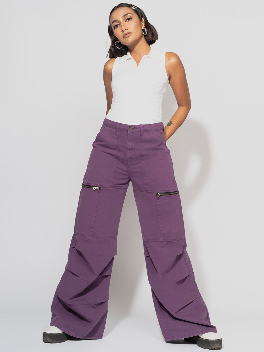 FREAKINS Women Purple Wide Leg High-Rise Highly Distressed Jeans Price in India