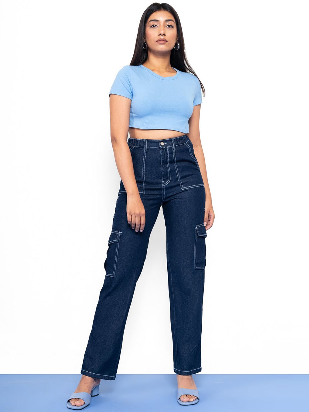 FREAKINS Women Blue Straight Cargo Mildly Distressed Light Fade Jeans Price in India