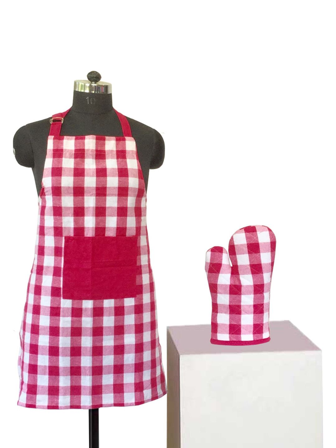 Lushomes Pink Set of 2 Checked Cooking Apron & Oven Glove Price in India