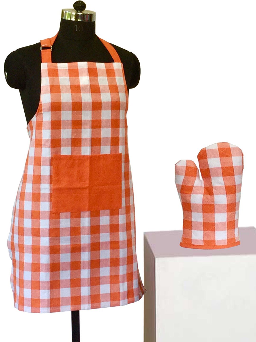 Lushomes Orange Cotton Apron With Oven Mitten Price in India