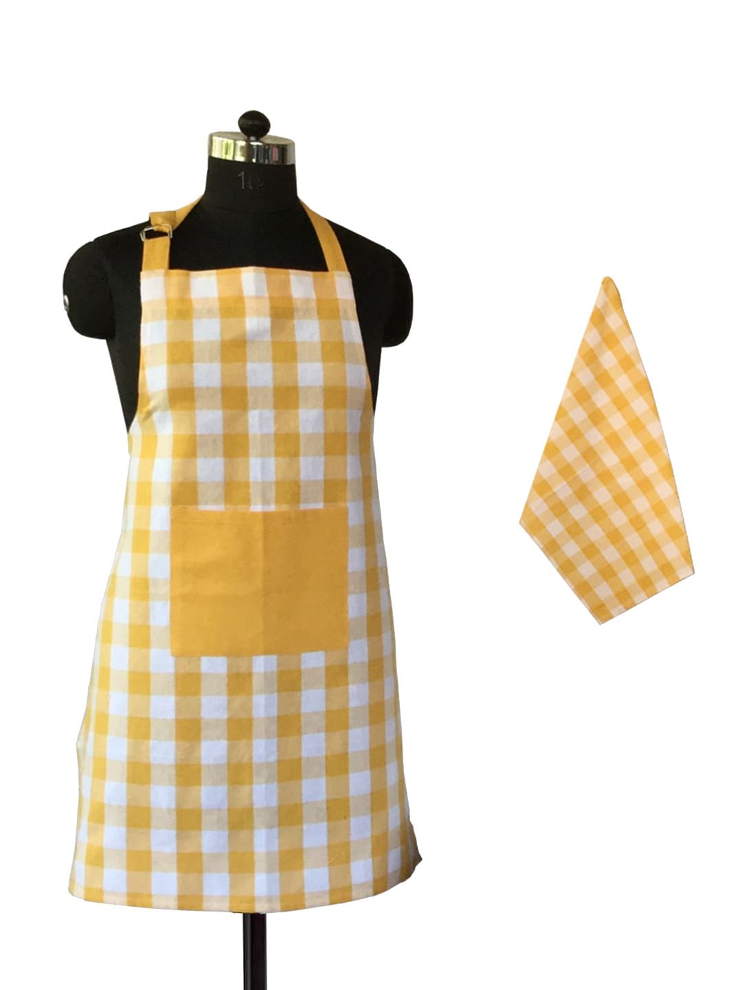 Lushomes Yellow & White Checked Apron & Kitchen Towel Set Price in India