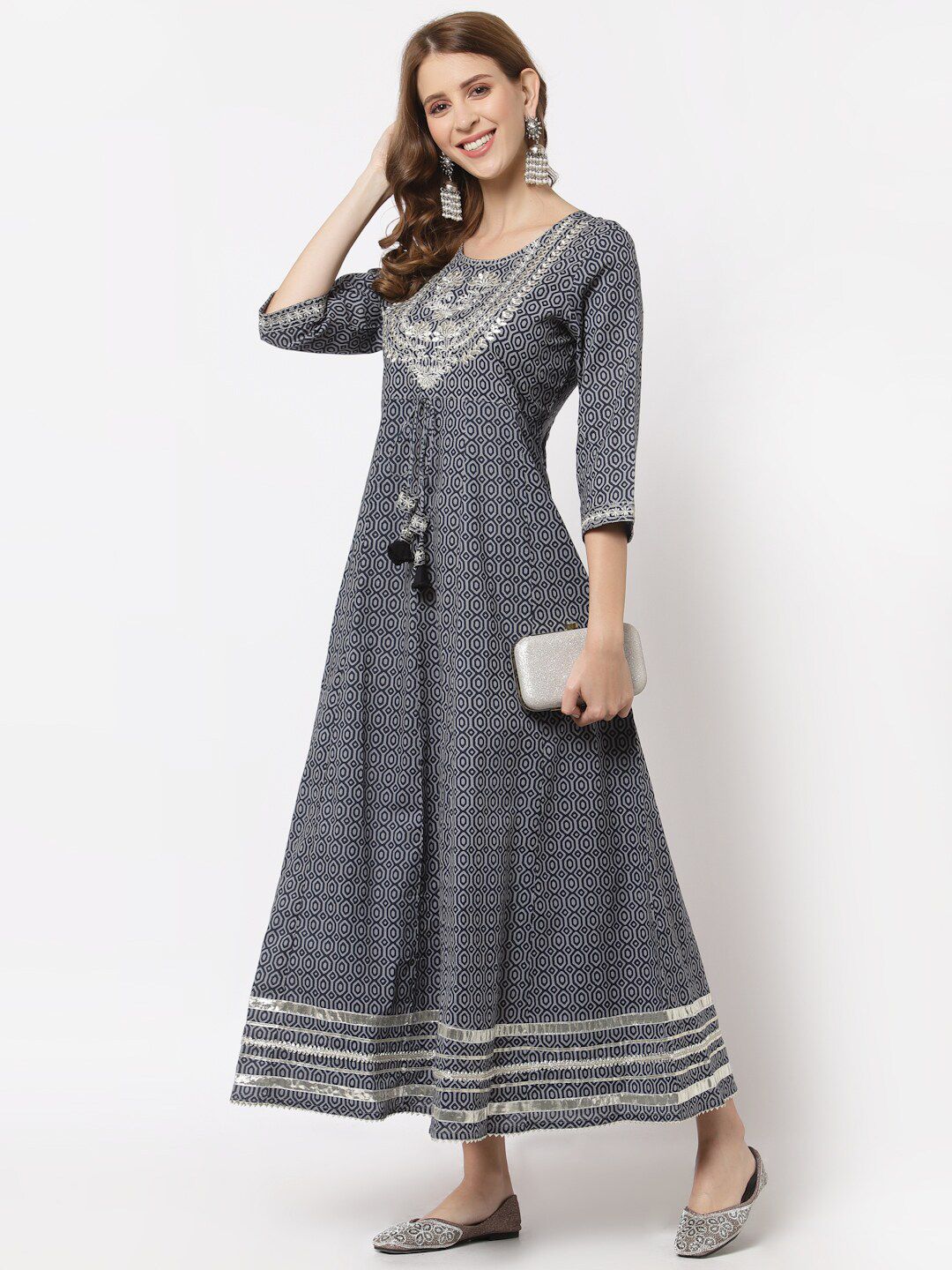 YELLOW CLOUD Grey & Silver-Toned Geometric Print with Embroidery Maxi Dress Price in India