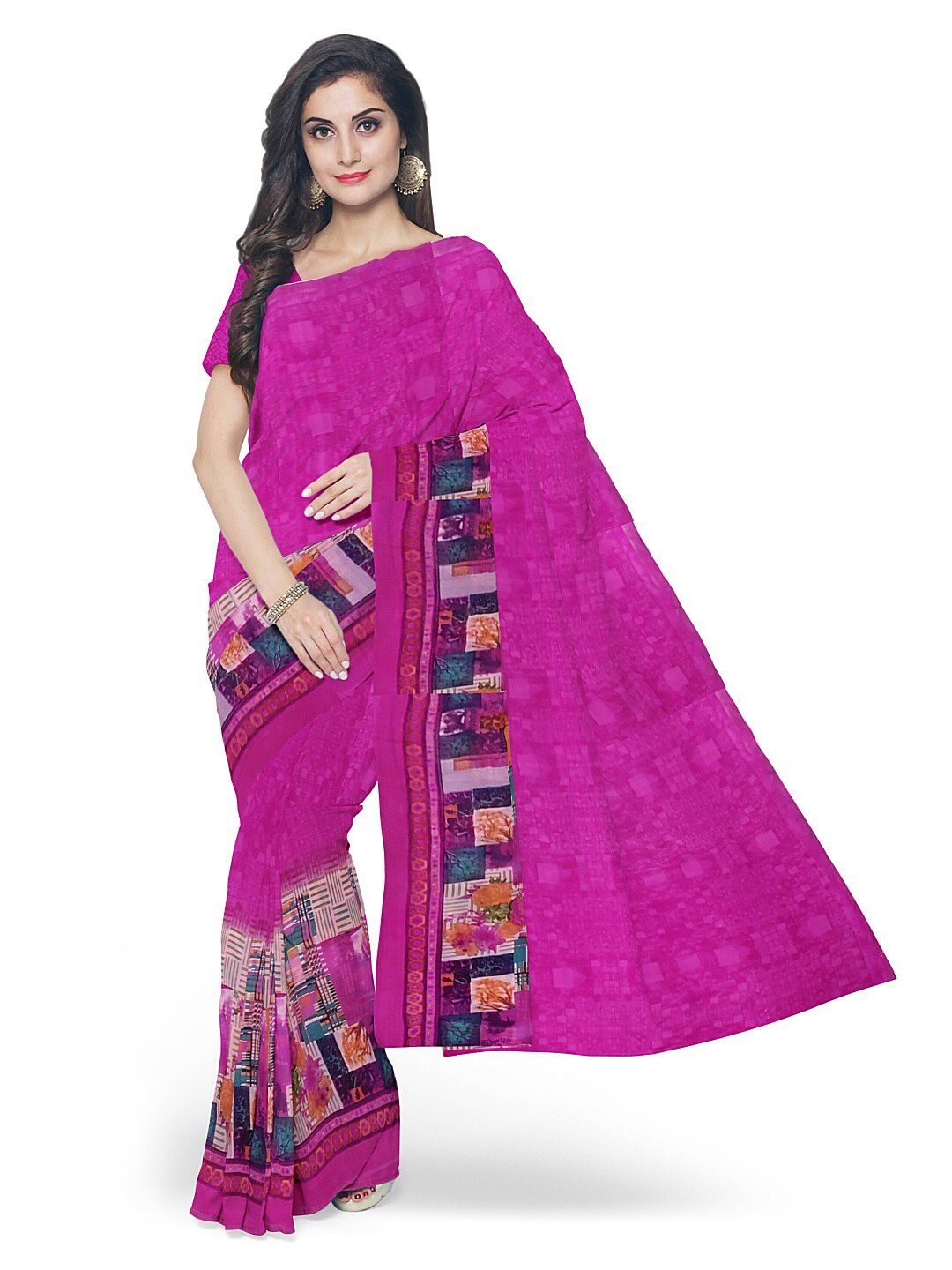 KALINI Pink & Blue Colourblocked Pure Georgette Fusion Dharmavaram Saree Price in India