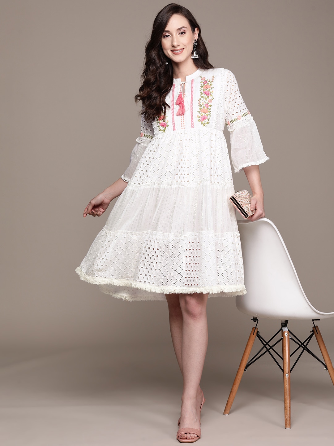 Ishin White Floral Embroidered A-Line Dress Price in India