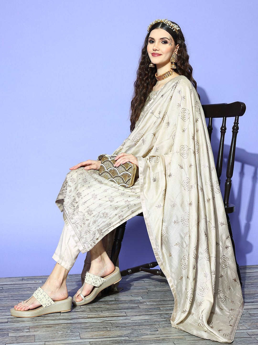 Ishin Women Beige Floral Embroidered Sequinned Kurta with Trousers & With Dupatta Price in India