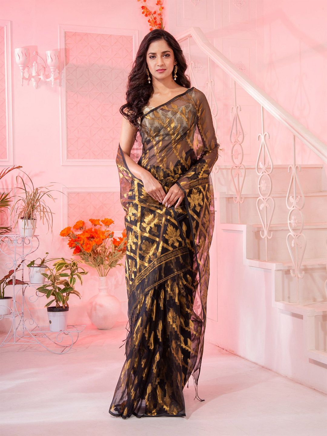 Charukriti Brown & Gold-Toned Woven Design Pure Silk Saree Price in India