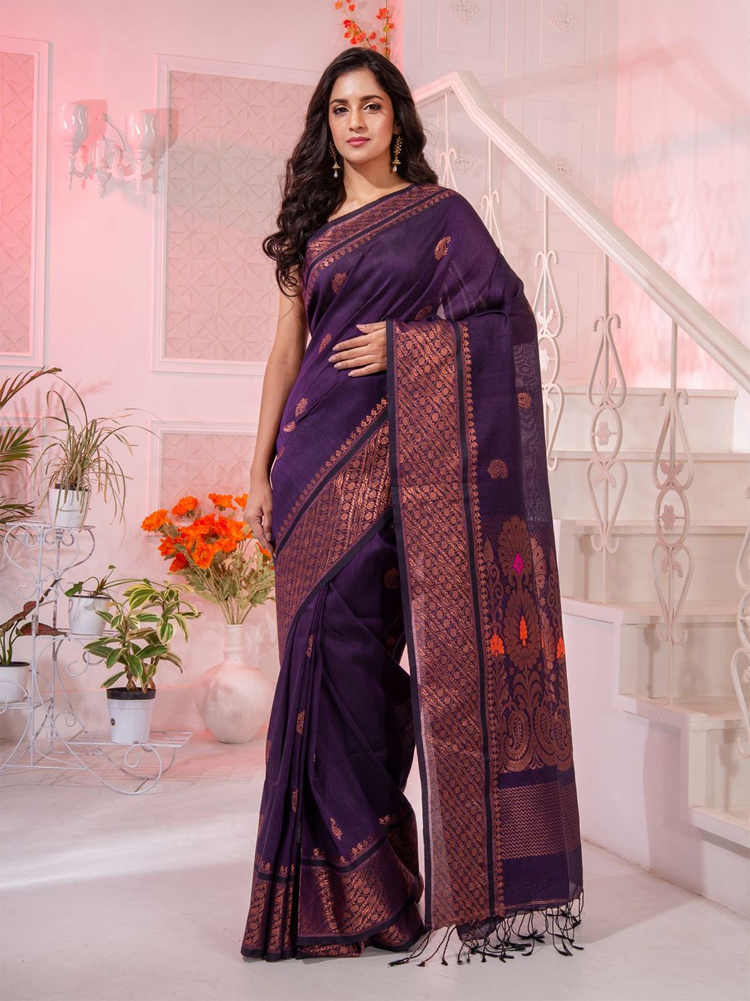 Charukriti Purple & Gold-Toned Woven Design Pure Linen Saree Price in India