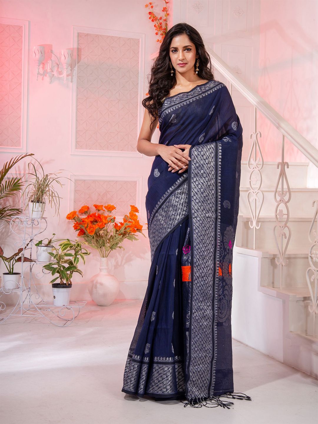 Charukriti Blue & Orange Woven Design Pure Linen Saree Price in India