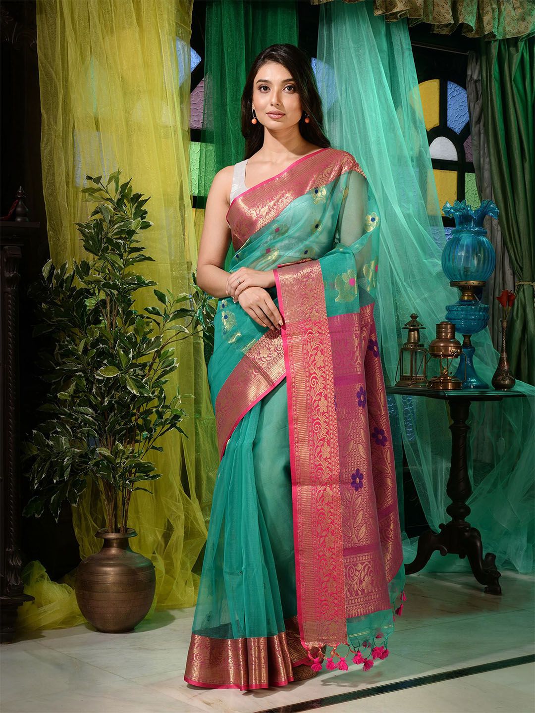Charukriti Green & Pink Woven Design Zari Pure Silk Saree with Unstitched Blouse Piece Price in India