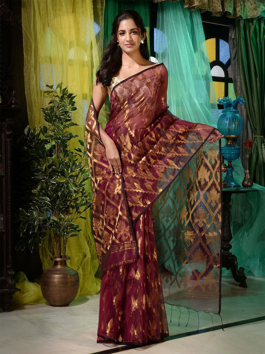 Charukriti Red & Gold-Toned Woven Design Zari Pure Silk Saree With Unstitched Blouse Piece Price in India