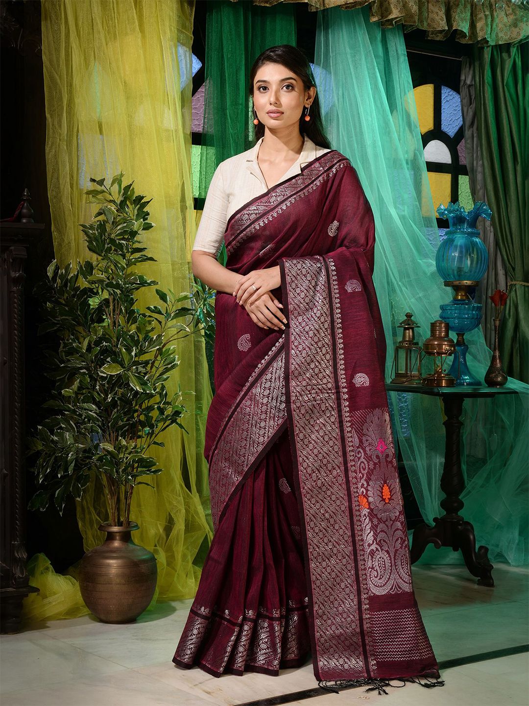 Charukriti Maroon & Silver-Toned Woven Design Zari Pure Linen Saree Price in India