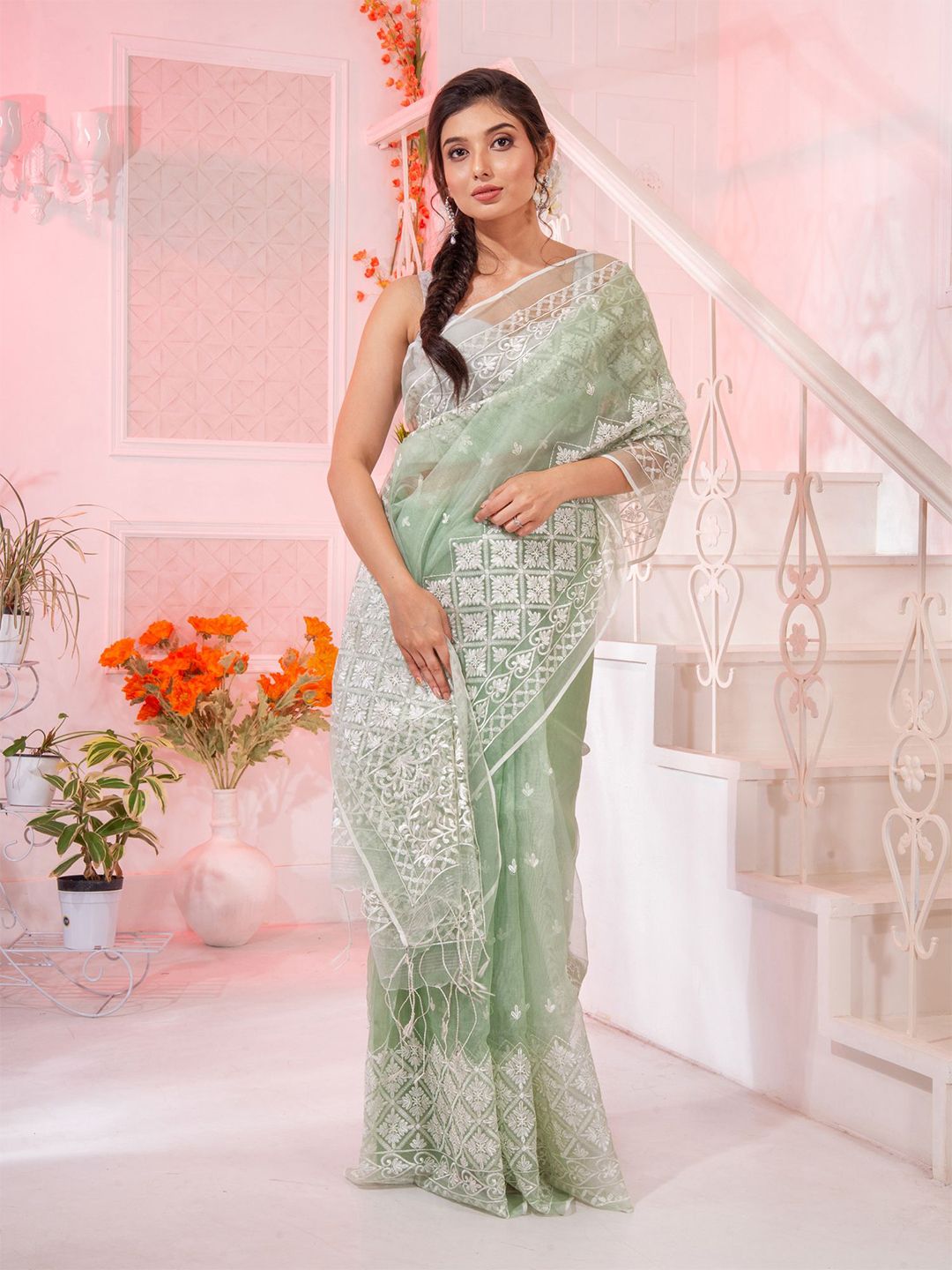 Charukriti Green & Silver-Toned Floral Pure Silk Saree With Unstitched Blouse Piece Price in India