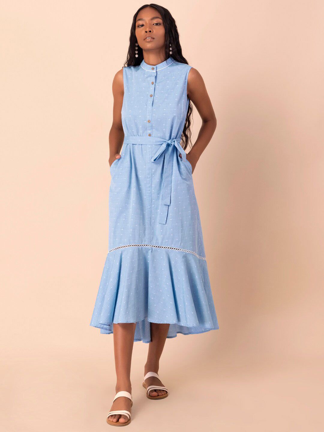 Earthen BY INDYA Blue & White Mandarin Collar Ruffle Shirt Dress Price in India