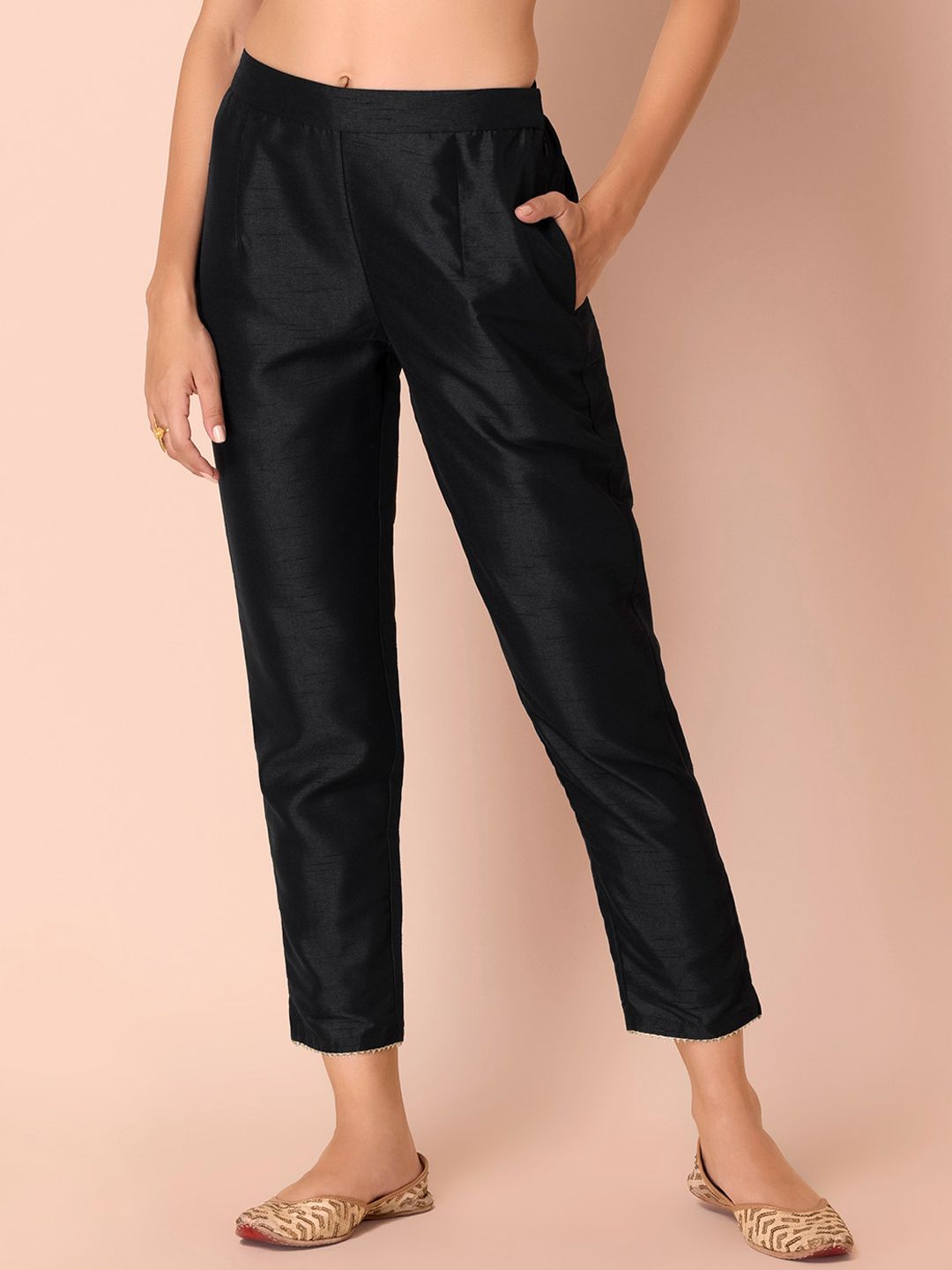 INDYA Women Black Art Silk Fitted Pants Price in India