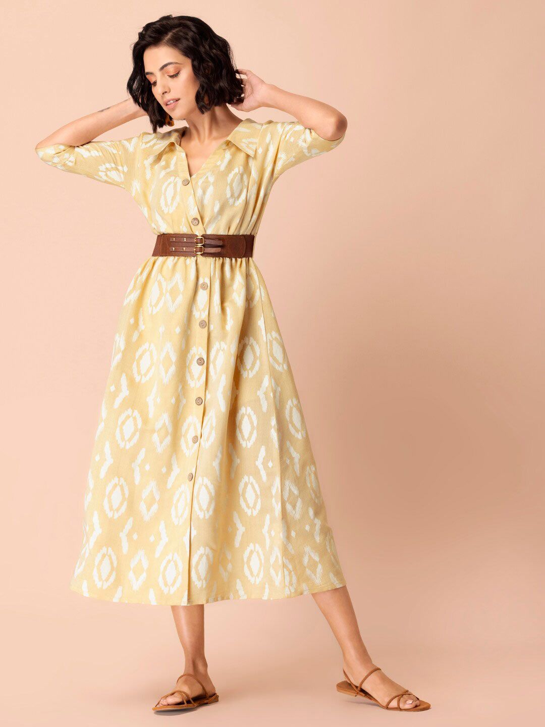 INDYA Yellow & White Ethnic Motifs Ikat Ethnic Midi Dress Price in India