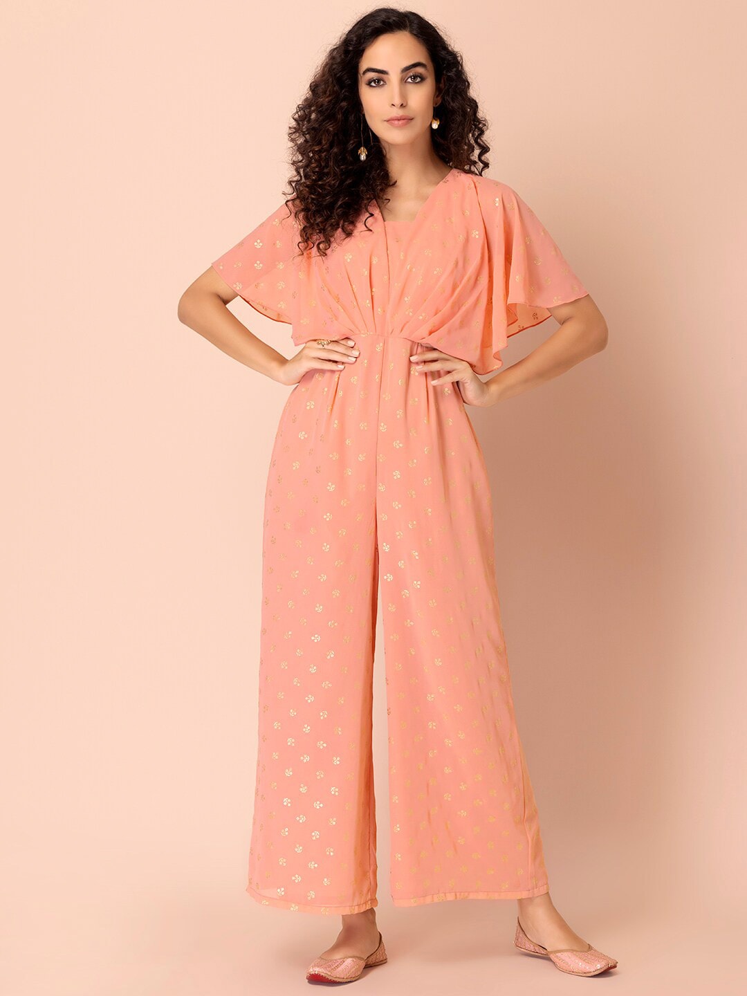 INDYA Peach-Coloured & Gold-Toned Printed Basic Jumpsuit Price in India